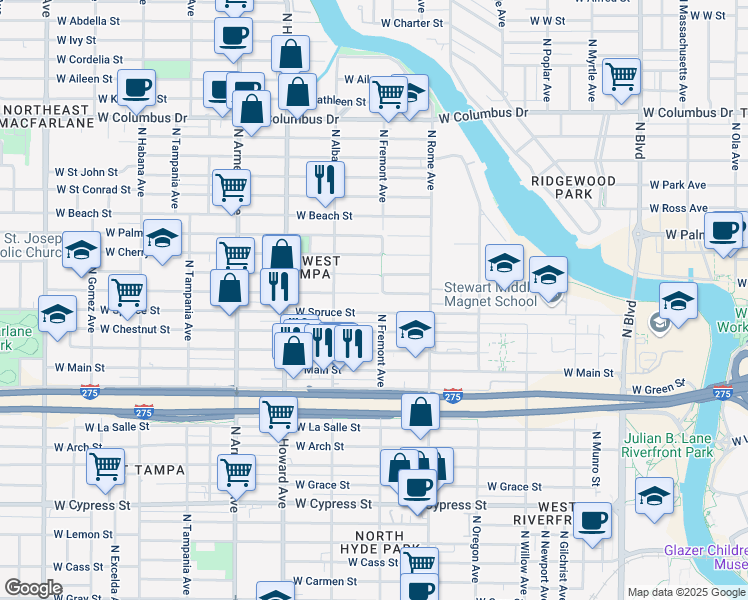 map of restaurants, bars, coffee shops, grocery stores, and more near 1904 W Walnut St in Tampa