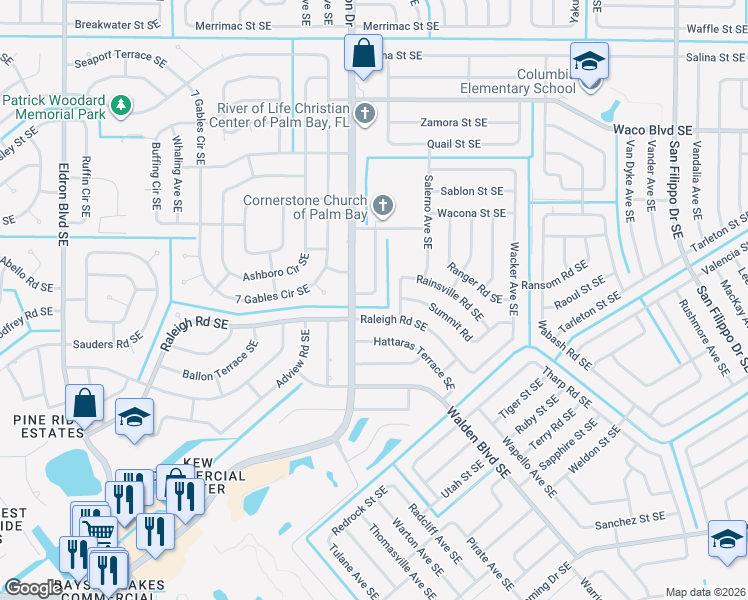 map of restaurants, bars, coffee shops, grocery stores, and more near 1475 Damon Road Southeast in Palm Bay