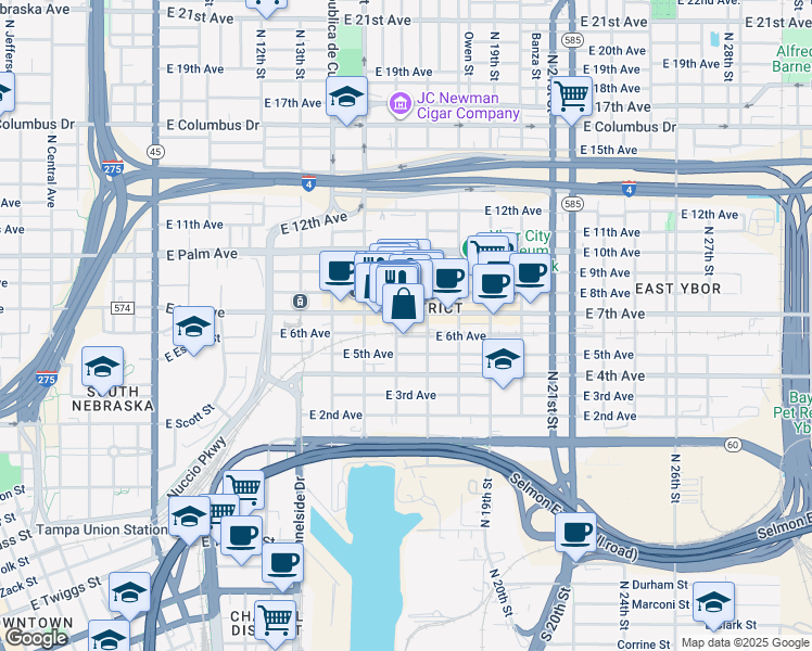 map of restaurants, bars, coffee shops, grocery stores, and more near 1603 East 7th Avenue in Tampa