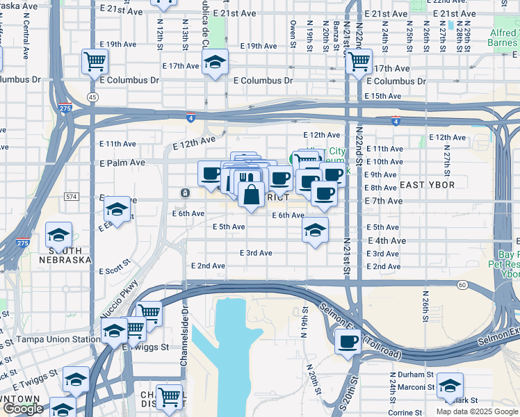 map of restaurants, bars, coffee shops, grocery stores, and more near 1704 North 17th Street in Tampa