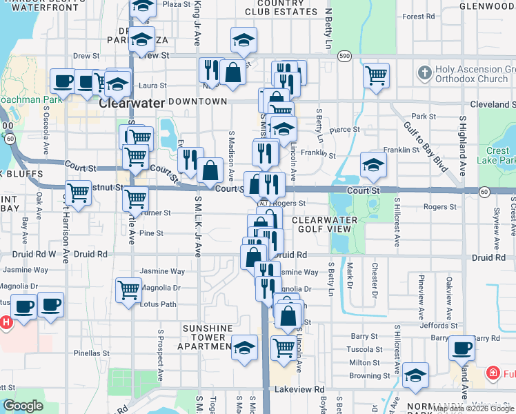 map of restaurants, bars, coffee shops, grocery stores, and more near 528 South Missouri Avenue in Clearwater