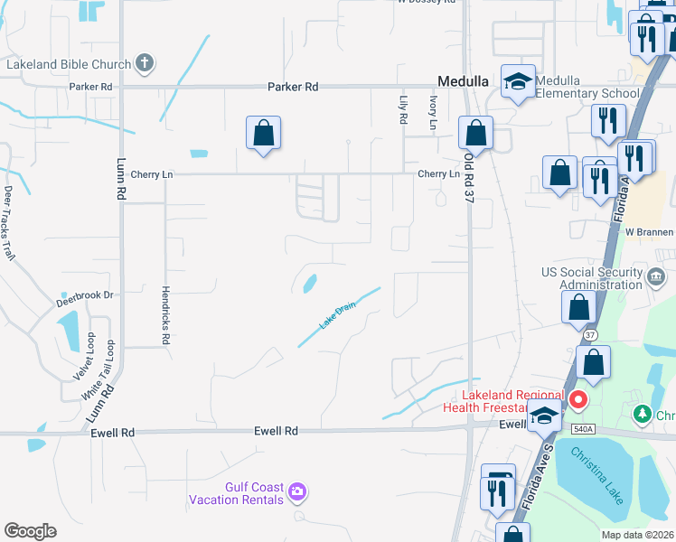 map of restaurants, bars, coffee shops, grocery stores, and more near 1216 Windsong Drive in Lakeland