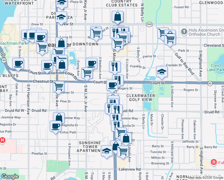 map of restaurants, bars, coffee shops, grocery stores, and more near 528 S Missouri Ave in Clearwater