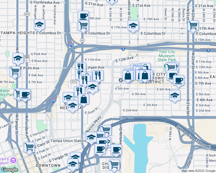 map of restaurants, bars, coffee shops, grocery stores, and more near 1045 East 7th Avenue in Tampa