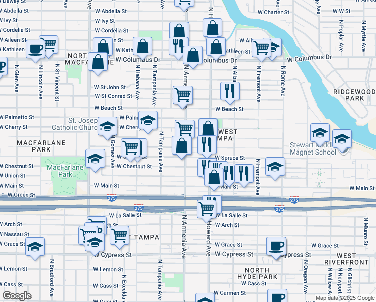 map of restaurants, bars, coffee shops, grocery stores, and more near 2012 North Armenia Avenue in Tampa