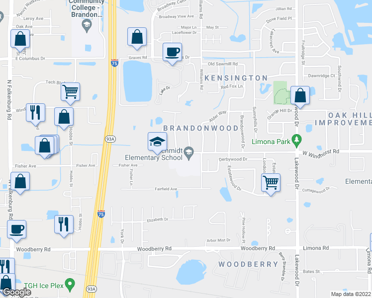 map of restaurants, bars, coffee shops, grocery stores, and more near 1302 Rustlewood Drive in Brandon