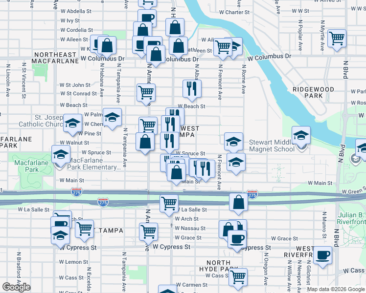 map of restaurants, bars, coffee shops, grocery stores, and more near 2128 West Walnut Street in Tampa