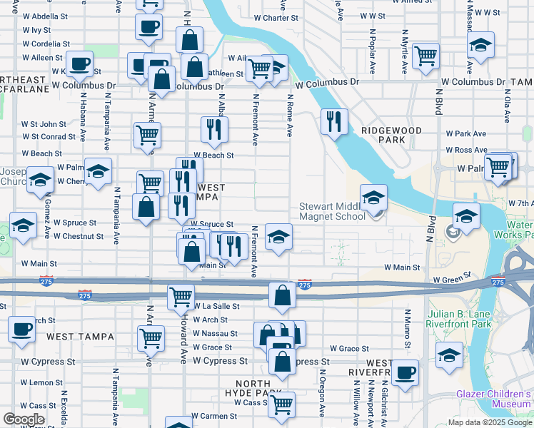 map of restaurants, bars, coffee shops, grocery stores, and more near 1710 B West Walnut Street in Tampa