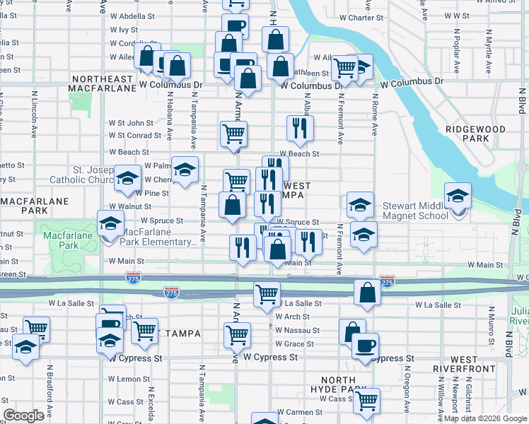 map of restaurants, bars, coffee shops, grocery stores, and more near 2318 West Walnut Street in Tampa
