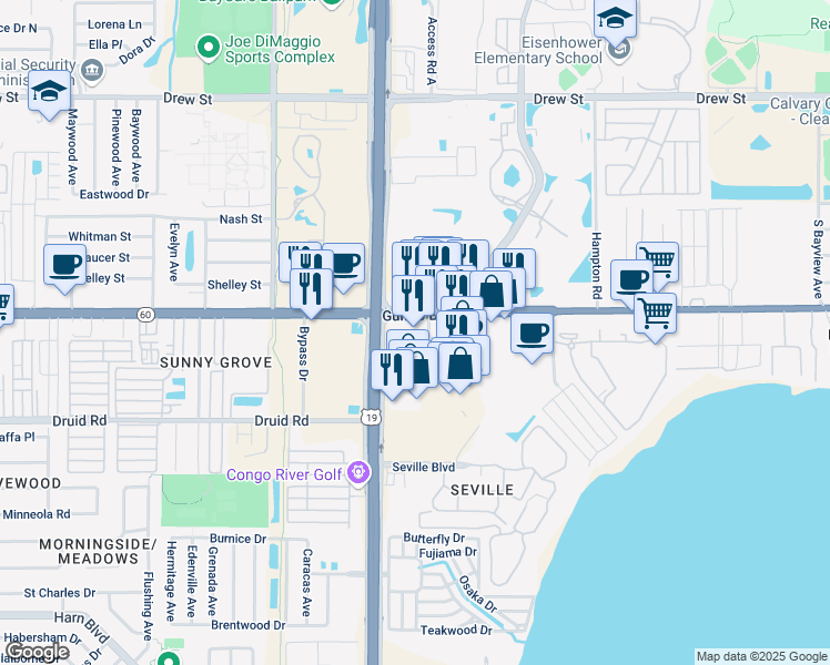 map of restaurants, bars, coffee shops, grocery stores, and more near 2613 Gulf to Bay Boulevard in Clearwater
