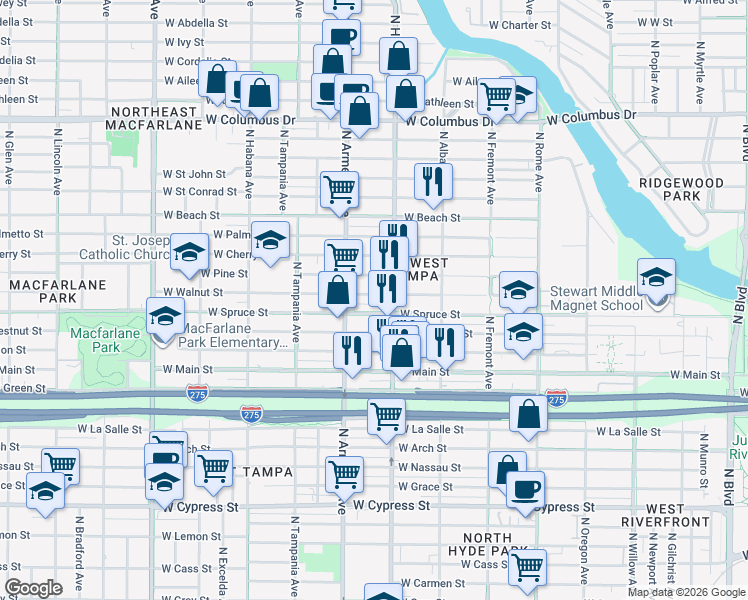map of restaurants, bars, coffee shops, grocery stores, and more near 2318 West Walnut Street in Tampa