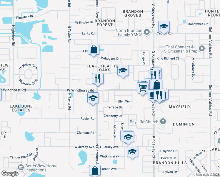 map of restaurants, bars, coffee shops, grocery stores, and more near 114 East Windhorst Road in Brandon