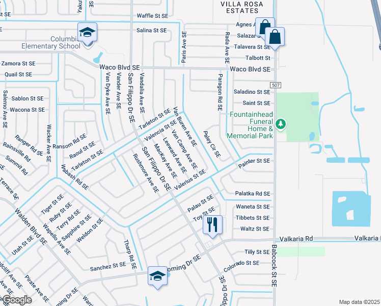 map of restaurants, bars, coffee shops, grocery stores, and more near 1515 Van Camp Avenue Southeast in Palm Bay