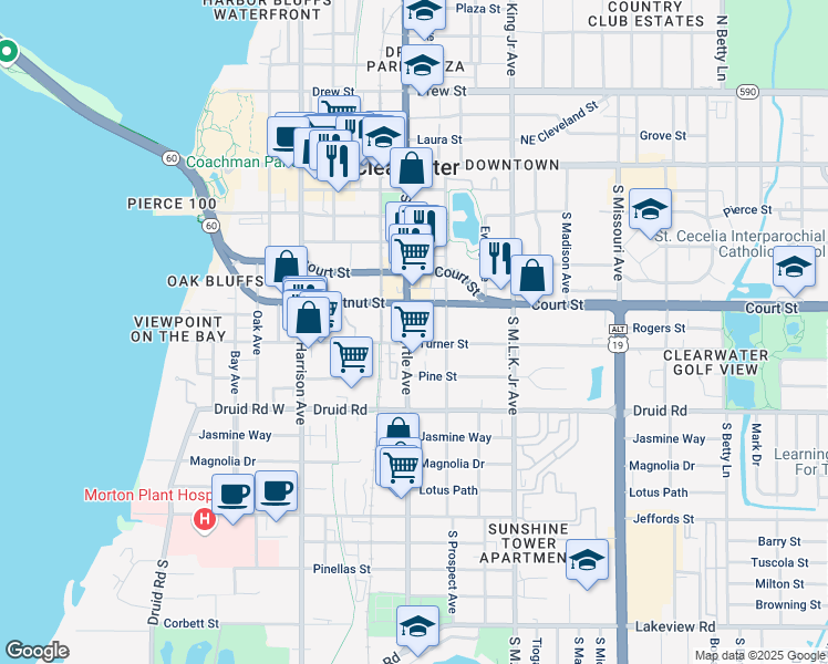 map of restaurants, bars, coffee shops, grocery stores, and more near 802 Turner Street in Clearwater