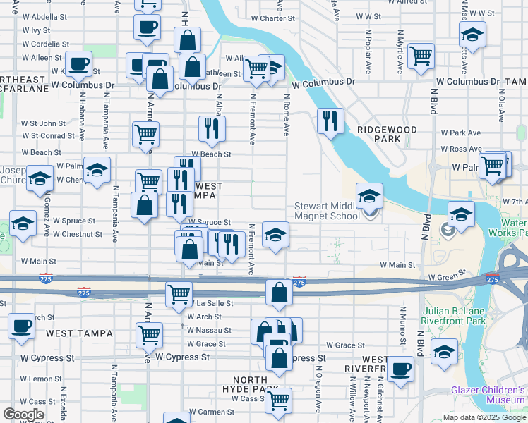 map of restaurants, bars, coffee shops, grocery stores, and more near 1710 B West Walnut Street in Tampa
