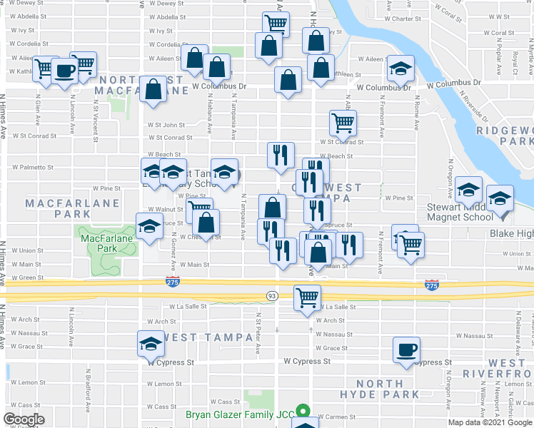 map of restaurants, bars, coffee shops, grocery stores, and more near 2012 North Armenia Avenue in Tampa
