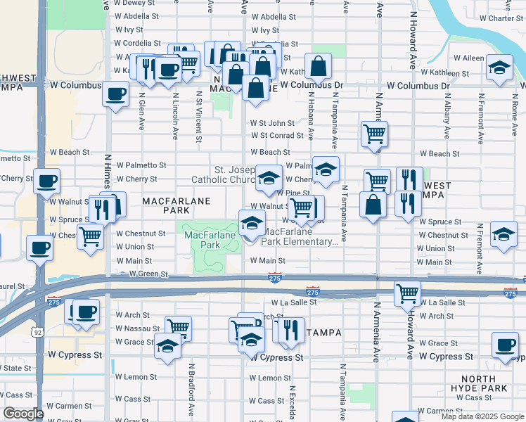 map of restaurants, bars, coffee shops, grocery stores, and more near 3026 West Walnut Street in Tampa