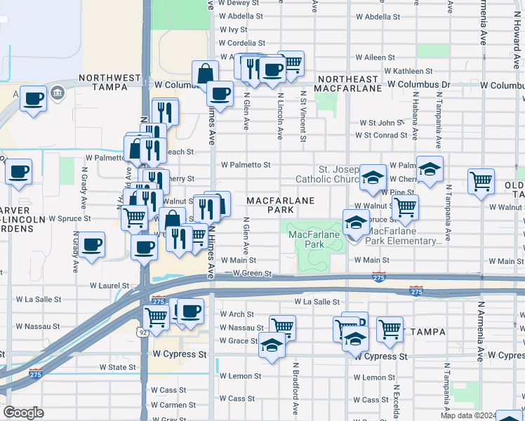 map of restaurants, bars, coffee shops, grocery stores, and more near 3318 West Walnut Street in Tampa