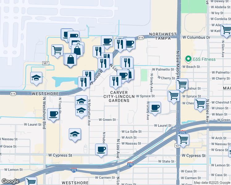 map of restaurants, bars, coffee shops, grocery stores, and more near 4221 West Spruce Street in Tampa