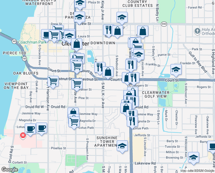 map of restaurants, bars, coffee shops, grocery stores, and more near 509 South Martin Luther King Junior Avenue in Clearwater