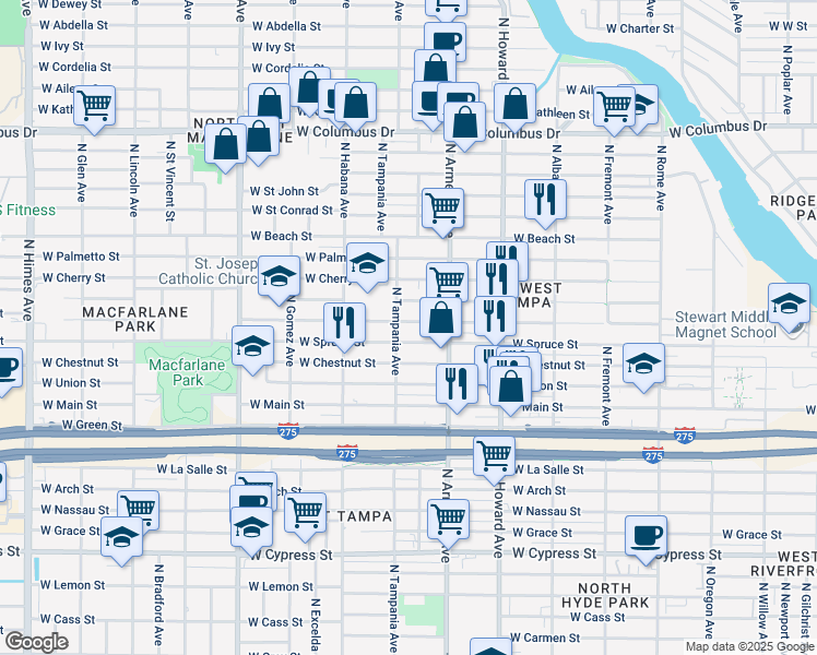 map of restaurants, bars, coffee shops, grocery stores, and more near 2534 West Walnut Street in Tampa