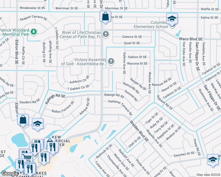 map of restaurants, bars, coffee shops, grocery stores, and more near 1475 Damon Road Southeast in Palm Bay