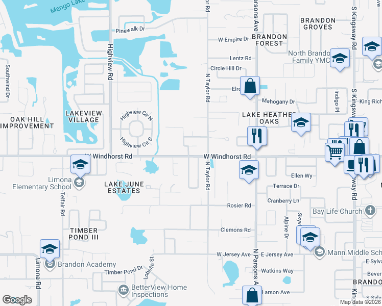map of restaurants, bars, coffee shops, grocery stores, and more near 314 West Windhorst Road in Brandon