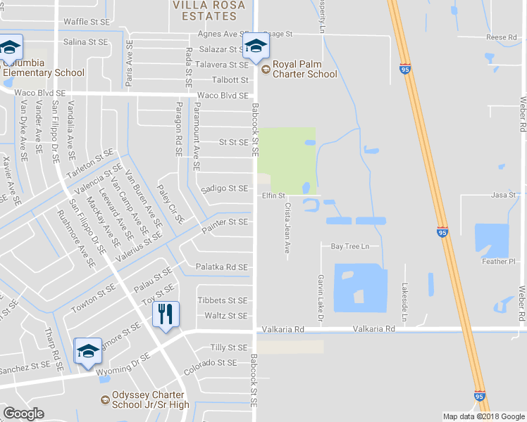 map of restaurants, bars, coffee shops, grocery stores, and more near 7415 Babcock Street Southeast in Palm Bay