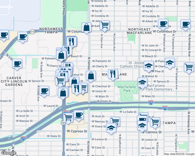 map of restaurants, bars, coffee shops, grocery stores, and more near 3412 West Walnut Street in Tampa
