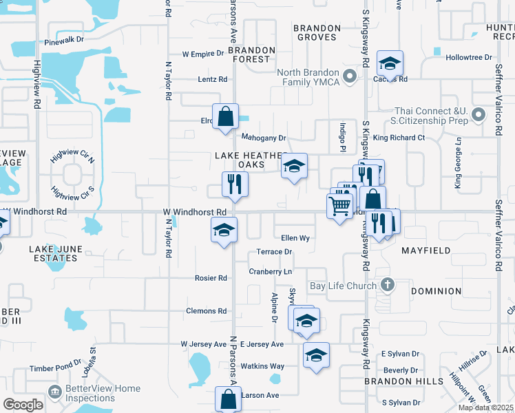 map of restaurants, bars, coffee shops, grocery stores, and more near 114 East Windhorst Road in Brandon