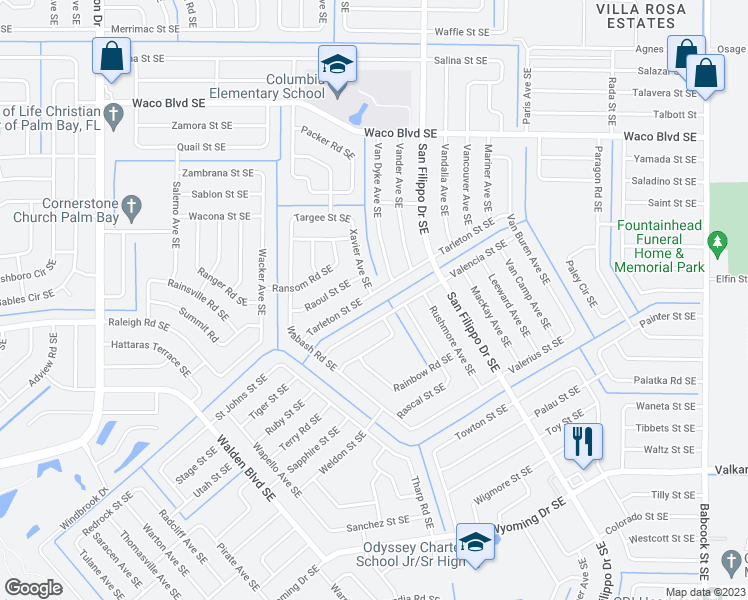 map of restaurants, bars, coffee shops, grocery stores, and more near 1206 Tarleton Street Southeast in Palm Bay