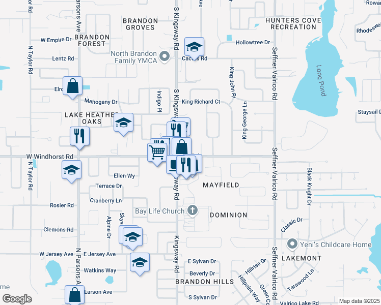 map of restaurants, bars, coffee shops, grocery stores, and more near 1303 Eagleview Drive in Brandon
