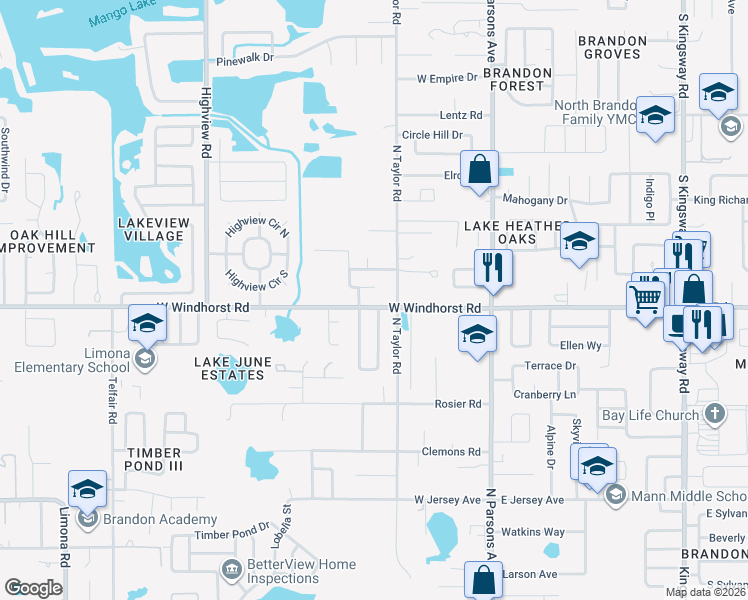 map of restaurants, bars, coffee shops, grocery stores, and more near 314 West Windhorst Road in Brandon
