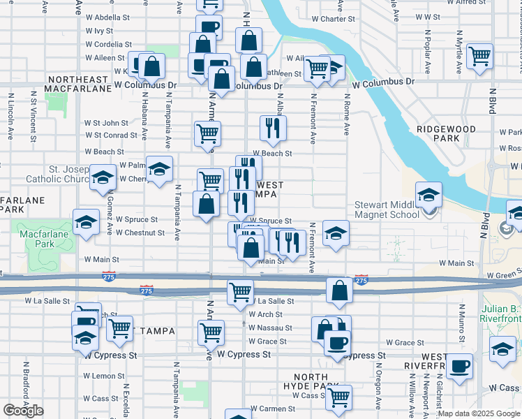 map of restaurants, bars, coffee shops, grocery stores, and more near 2128 West Walnut Street in Tampa