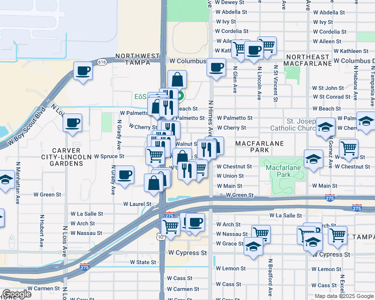 map of restaurants, bars, coffee shops, grocery stores, and more near 3619 West Spruce Street in Tampa