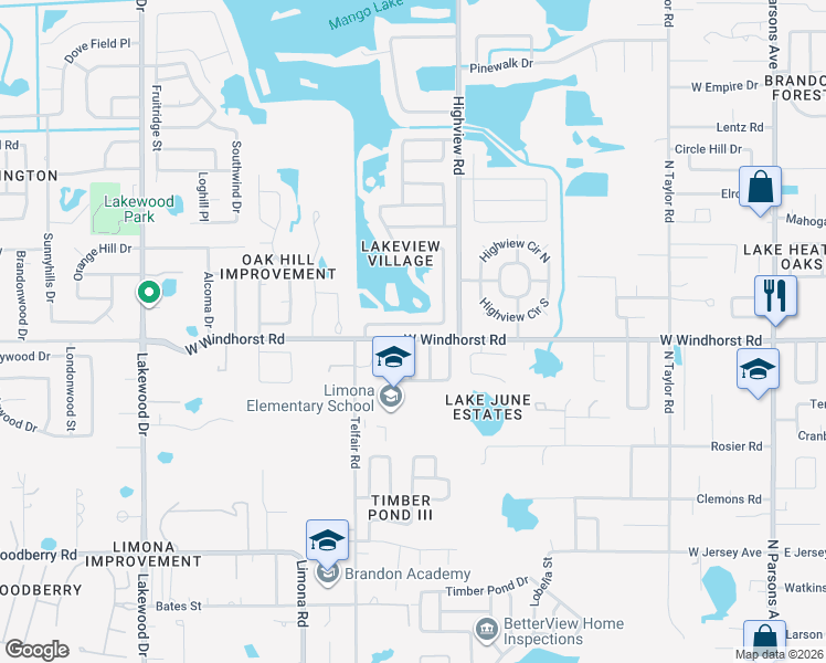 map of restaurants, bars, coffee shops, grocery stores, and more near 1321 Corner Oaks Drive in Brandon