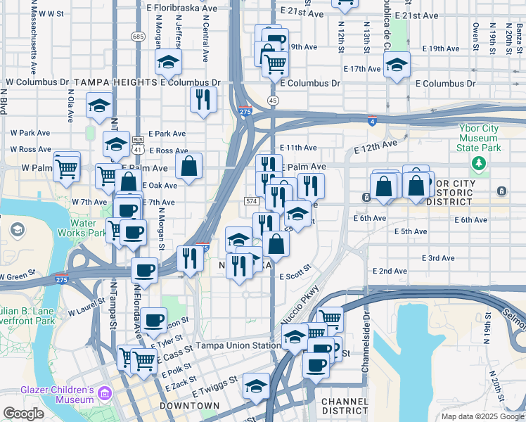 map of restaurants, bars, coffee shops, grocery stores, and more near 1707 North Mitchell Avenue in Tampa