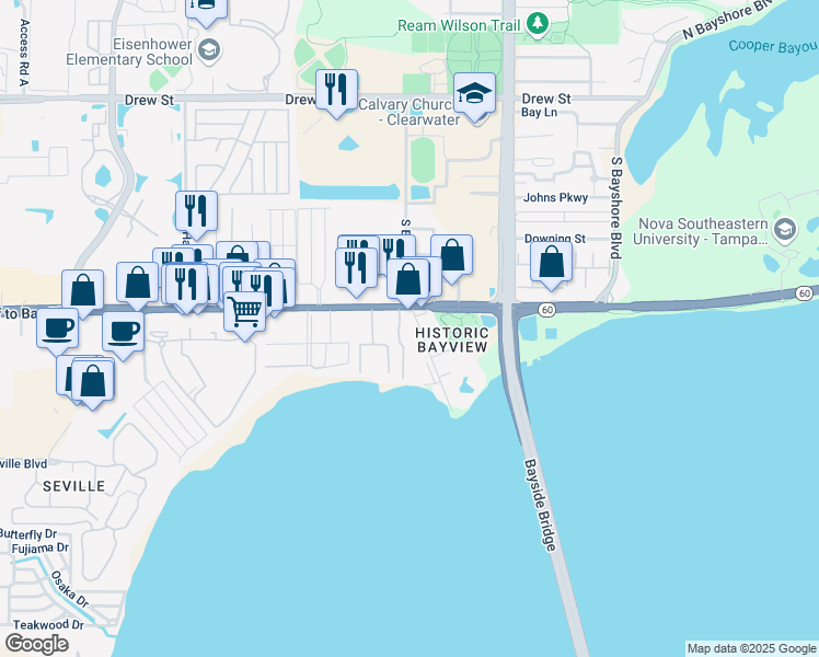 map of restaurants, bars, coffee shops, grocery stores, and more near 510 South Bayview Avenue in Clearwater