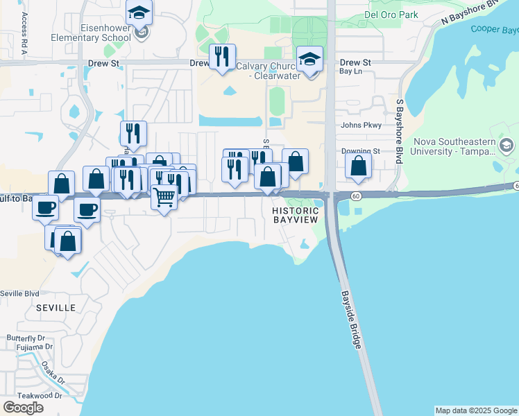 map of restaurants, bars, coffee shops, grocery stores, and more near 510 South Bayview Avenue in Clearwater