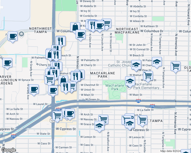 map of restaurants, bars, coffee shops, grocery stores, and more near 3318 West Walnut Street in Tampa