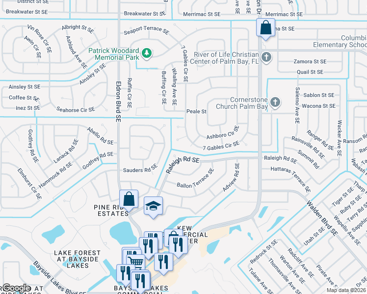 map of restaurants, bars, coffee shops, grocery stores, and more near 1530 Apton Lane Southeast in Palm Bay