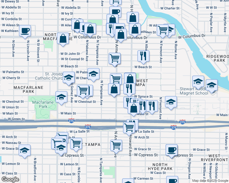 map of restaurants, bars, coffee shops, grocery stores, and more near 2012 North Armenia Avenue in Tampa