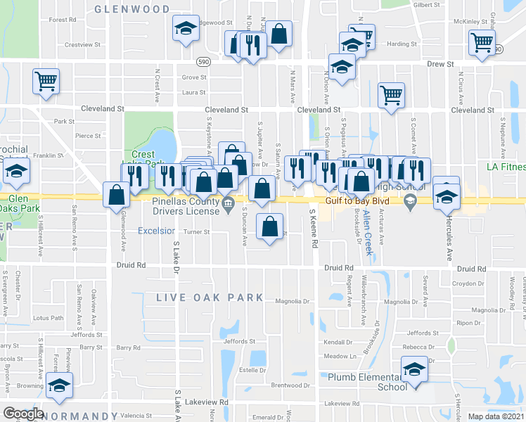 map of restaurants, bars, coffee shops, grocery stores, and more near 1721 Gulf to Bay Boulevard in Clearwater