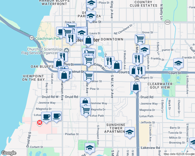 map of restaurants, bars, coffee shops, grocery stores, and more near 509 South Prospect Avenue in Clearwater
