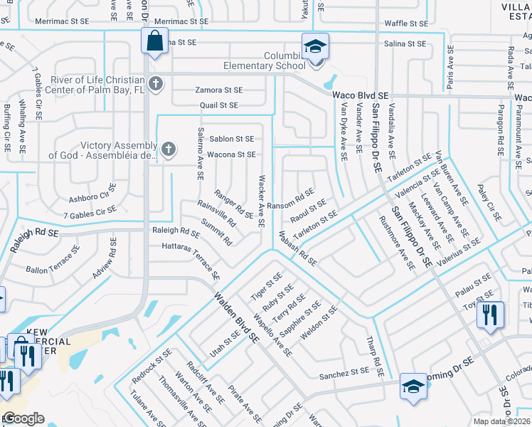 map of restaurants, bars, coffee shops, grocery stores, and more near 1517 Wacker Avenue Southeast in Palm Bay