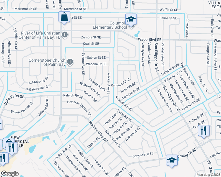 map of restaurants, bars, coffee shops, grocery stores, and more near 1517 Wacker Avenue Southeast in Palm Bay