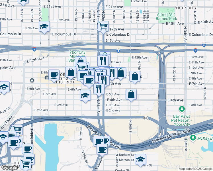 map of restaurants, bars, coffee shops, grocery stores, and more near 2215 East 7th Avenue in Tampa