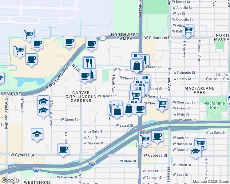 map of restaurants, bars, coffee shops, grocery stores, and more near 3920 West Walnut Street in Tampa