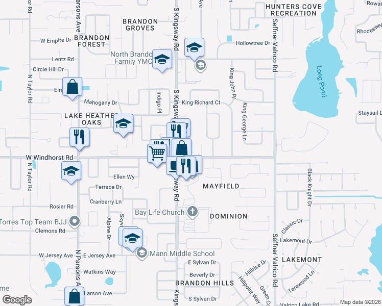 map of restaurants, bars, coffee shops, grocery stores, and more near 1303 Eagleview Drive in Brandon