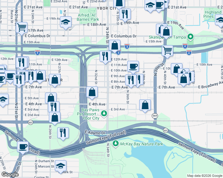 map of restaurants, bars, coffee shops, grocery stores, and more near 3401 East 7th Avenue in Tampa